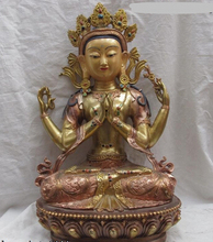 Bi001874 18 Budismo Cobre Bronze Gild Quatro braços Avalokitesvara Kwan-Guan yin Estátua 2024 - compre barato