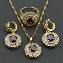 Charming Round Red Garnet Austria Crystal GP Jewelry Set Earrings Necklace Pendant Ring Size 6 7 8 9 10 Free Gift Box KT40 2024 - buy cheap