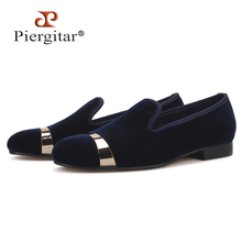 Piergitar new style Handmade men navy velvet shoes with gold metal on shoes toe fashion party wedding and banquet male loafers 2024 - buy cheap