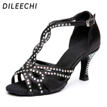 DILEECHI-zapatos de baile latino para mujer, calzado de baile de salón, con diamantes de imitación de satén negro, 7,5 cm de alto, estilo británico general 2024 - compra barato