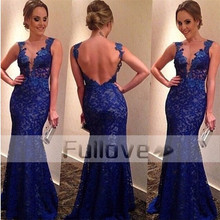 Женское длинное вечернее платье с юбкой-годе, синее кружевное платье с открытой спиной и V-образным вырезом, платье для вечевечерние, 2019 2024 - купить недорого