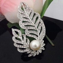 Retail!!3 Inch Large Vintage Rhodium Silver Tone Austrian Crystal Faux Pearl Leaf Brooch Women Costume Pin Brooches 2024 - buy cheap
