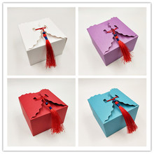Caixa de presente para doces em papel kraft natural, caixa de 9x9x6cm com borla vermelha e azul, fita de cetim com cordão para o dia de namorados, 100 2024 - compre barato