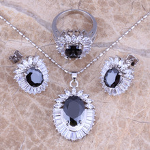 Elegante preto zircônia cúbica branco cz prata banhado conjuntos de jóias brincos pingente anel tamanho 6 / 7 / 8 / 9 s0409 2024 - compre barato