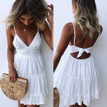 Summer Women Lace Dress Sexy Backless V-neck Beach Dresses 2018 Fashion Sleeveless Spaghetti Strap White Casual Mini Sundress 2024 - buy cheap
