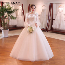 VENSANAC 2018 Illusion O Neck Flowers Appliques Ball Gown Wedding Dresses Lace Lantern Long Sleeve Backless Bridal Gowns 2024 - buy cheap