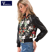 Vangull Black Floral Print Leather Baseball Jacket Women O-Neck Zipper PU Leather Jacket Spring New Long Sleeve Lady Slim Coat 2024 - buy cheap