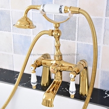 Bathtub Faucet Gold Color Brass Deck Mounted Bathroom Tub Faucet Dual Handle W/ Hand Shower Sprayer Tub Mixer Tap Ntf779 2024 - buy cheap