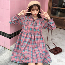 Autumn and winter women's 2018 new Korean version of the fresh loose slim long plaid long-sleeved dress student style 2024 - buy cheap