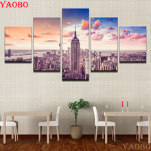 5 piezas DIY, pintura de diamante, puesta de sol, construcción de la ciudad de Nueva York, bordado de cuentas, punto de cruz, mosaico completo cuadrado/redondo, obra de arte para dormitorio 2024 - compra barato