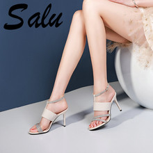 Salu Fashion Elegant Women Sandals 2020 Summer Genuine Leather Women Open Toe High Heels Wedding Shoes Woman 2024 - buy cheap