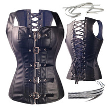 Dominatrix Steampunk Corset Black Leather Burlesque Clubwear Lace up Boned with Chains Gothic Carnival Clothing Fetish Tops 6XL 2024 - buy cheap