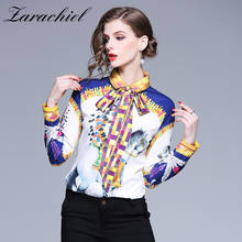 2019 Spring Autumn Fashion Women Bow Tie Collar Long Sleeve Cartoon Print Chiffon Blouse Shirt Work Office Ladies Casual Tops 2024 - buy cheap