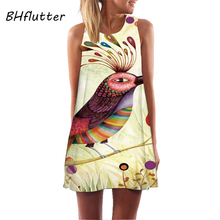 BHflutter Cute Bird Print Summer Dress 2018 New Fashion Women Casual Loose A-line Chiffon Dress Boho Style Mini Beach Dresses 2024 - buy cheap