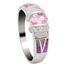 Ringon 2018 opala de fogo rosa joias cor de prata com zircônia cúbica cz para mulheres alianças de cristal aliança de casamento 2024 - compre barato