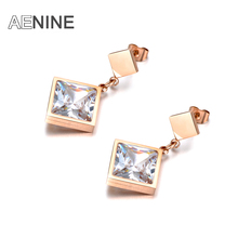 AENINE Luxury Square Cubic Zirconia Stainless Steel Stud Earrings Rose Gold Charming Jewelry For Women Girl Oorbellen AE18048 2024 - buy cheap