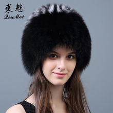 QiuMei Women Winter Fur Hat Genuine Fox Fur Hats Knitted Real Silver Fox Fur Caps Female Russian Bomber Caps Thicken Lined 2024 - buy cheap