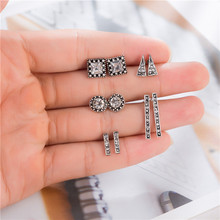 Vintage Antique Silver Triangle Crystal Round Square Stud Earring Sets For Women Piercing Wedding Jewelry Boucle D'oreille 2024 - buy cheap