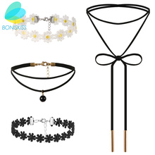 Boniskiss colar feminino com renda preta, conjunto de colares com pingente de flor, joias da moda quente para mulheres 2024 - compre barato