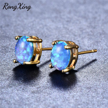 RongXing Small Oval Blue/Green/White Fire Opal Stud Earrings for Women Retro Yellow Gold Filled Birthstone Earrings Fashion 2018 2024 - buy cheap