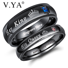 V.YA Her King&His Queen Simple Crystal Stone Crown Rings For Couple New Design Stainless Steel Black Engraved Ring For Lover 2024 - buy cheap