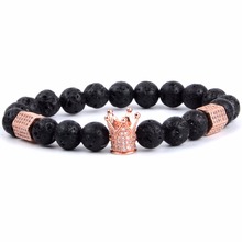 Lava Pedra Natural Frisada Pulseiras & Bangles Clássico Crown Chram Pulseira Para Mulheres Homens Jóias Bijoux Presentes Feminina Bileklik 2024 - compre barato