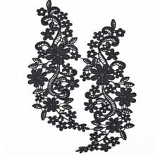 2 pares 28*9cm alta qualidade aplique de renda preta espelhado aplique em par bonito aplique de renda floral tecido com padrão 2024 - compre barato