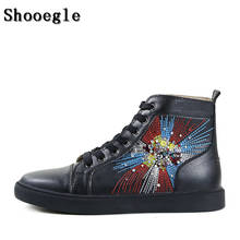 SHOOEGLE Black Leather Rhinestone Embroidery Men Shoes Fashion Hightop Sneakers Espadrilles Platform Flat Casual Shoes Man 2024 - buy cheap