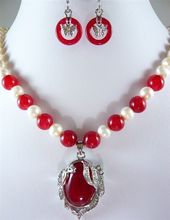 Nobility Woman noblest red gem-white pearl necklace  pendant earring set 18" set    -jewelry 2024 - buy cheap