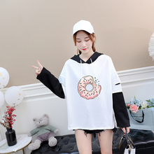 Women's Kawaii T-Shirt y2k Tops Autumn Spring New False 2PC Casual Cute Doughnut Print Hooded Tee Shirt Harajuku T Shirt Clothes 2024 - buy cheap