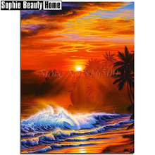 DIY 5D Mosaico Diamante Kits de Pintura Artesanal de Diamantes Ponto Cruz Paisagem Do Por Do Sol Na Praia Padrão de Diamante Bordado 18B009 2024 - compre barato