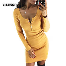 VIEUNSTA Autumn V Neck Button Knitted Sexy Dress Women Winter Slim Fit Bodycon Rib Solid Dress Elegant Long Sleeve Mini Dresses 2024 - buy cheap