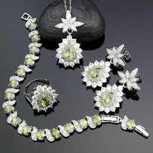 Conjuntos de joyas de plata 925 para mujer, accesorios de fiesta, pendientes de circonia cúbica verde oliva, colgante, collar, anillo, pulsera 2024 - compra barato