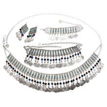 Conjunto de joyería con personalidad, collar, pulsera, cadenas de cintura para el cuerpo, monedas conmemorativas de viaje, pendientes de borla bohemios indios 2024 - compra barato