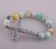 Fashion Women Dress Armband 10mm Amazonite Natural Stone AB Crystals Cross Bracelet 2024 - buy cheap