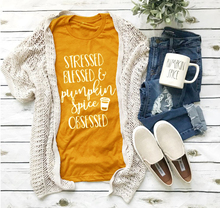 Stressed Blessed and Coffee Obsessed Pumpkin Spice Shirt, Pumpkin Spice T- Shirt Halloween Christian women fashion aesthetic tee 2024 - buy cheap