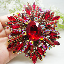 Vintage Elegant Flower Gold Tone Large Brooch Pin Red Rhinestone Crystal Free Shipping 2024 - buy cheap