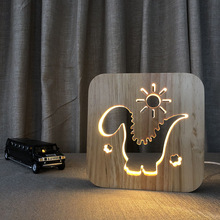 Lâmpada noturna de led com dinossauro, luz de madeira com carregamento usb para sala de estar, quarto, 5v 2.5w, lâmpada de cabeceira para presente de aniversário 2024 - compre barato