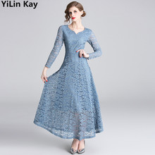 YiLin Kay High Quality New 2019 Summer Runway Maxi Dress  Slim Office Party Women's Long Sleeve Sexy V-neck Lace Dress 2024 - buy cheap