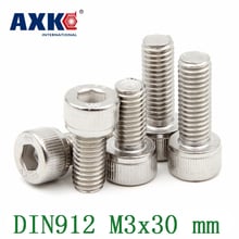 Free Shipping Axk 100pcs/lot Metric Thread Din912 M3x30 Mm M3*30 Mm 304 Stainless Steel Hex Socket Head Cap Screw Bolts 2024 - buy cheap