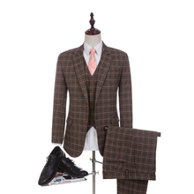 2 Style Blazer for Groom Tuxedos Damier Check Groomsman Suit Custom Made Man Suit Brown checked jacket (Jacket+pants +vest) 2024 - buy cheap