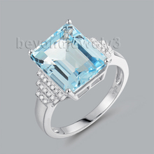 Rings For Women Natural Gemstone Blue Topaz Ring Jewellery Emerald Cut 10x12mm Solid 14K White Gold Genuine Diamonds Jewelry 2024 - buy cheap