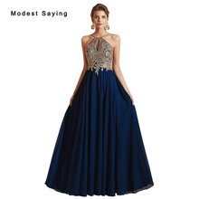 Sexy Royal Blue A-Line Halter Beaded Lace Evening Dresses 2019 Formal Women Chiffon Party Prom Gowns vestidos de fiesta de noche 2024 - buy cheap