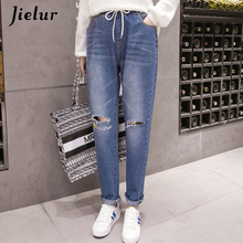Jielur Boyfriend Fashion Holes Ripped Jeans for Women Funny Embroidery Elastic Waist Jeans Mujer Large Size Ladies Jeans Woman 2024 - buy cheap