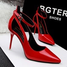 Women Shoes Pointed Toe Pumps Dress Shoes 9.5CM thin High Heels Boat Shoes Word Band Hollow PU Patent Leather Wedding Shoes 2024 - buy cheap