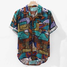 Fashsiualy camisa masculina 2019 Mens Hawaiian Pocket Short Sleeve Round Hem Loose Shirts Print Linen Blouse 2024 - buy cheap