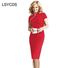 Women's Summer Elegant Solid Front  Zipper Cotton Blends Wear to Work Party Bodycon Pencil Dresses 2024 - buy cheap