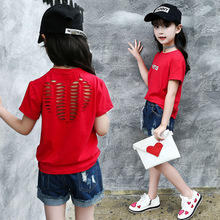 Camiseta branca vermelha da menina algodão oco casual roupas infantis verão carta camisa topos t 4 5 6 8 9 10 12 14 anos 2024 - compre barato