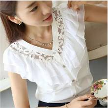 Women Lace Patchwork Blouse Shirt Casual V neck Top Sexy Short Sleeve White Blouse Ladies Summer Hollow Elegant Chiffon shirt 2024 - buy cheap