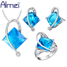 Almei African Beads Jewelry Sets Silver Color Luxury Zirconia Square Blue Crystal Jewellery Ring Necklace Earrings Women T296 2024 - buy cheap